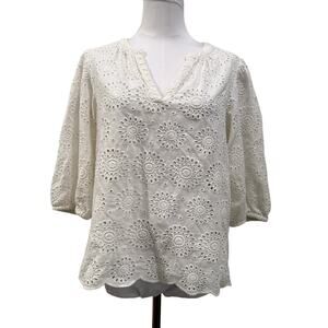 On 34th Eyelet Embroidered Blouse Womens Medium White 100% Cotton Boho Cottage